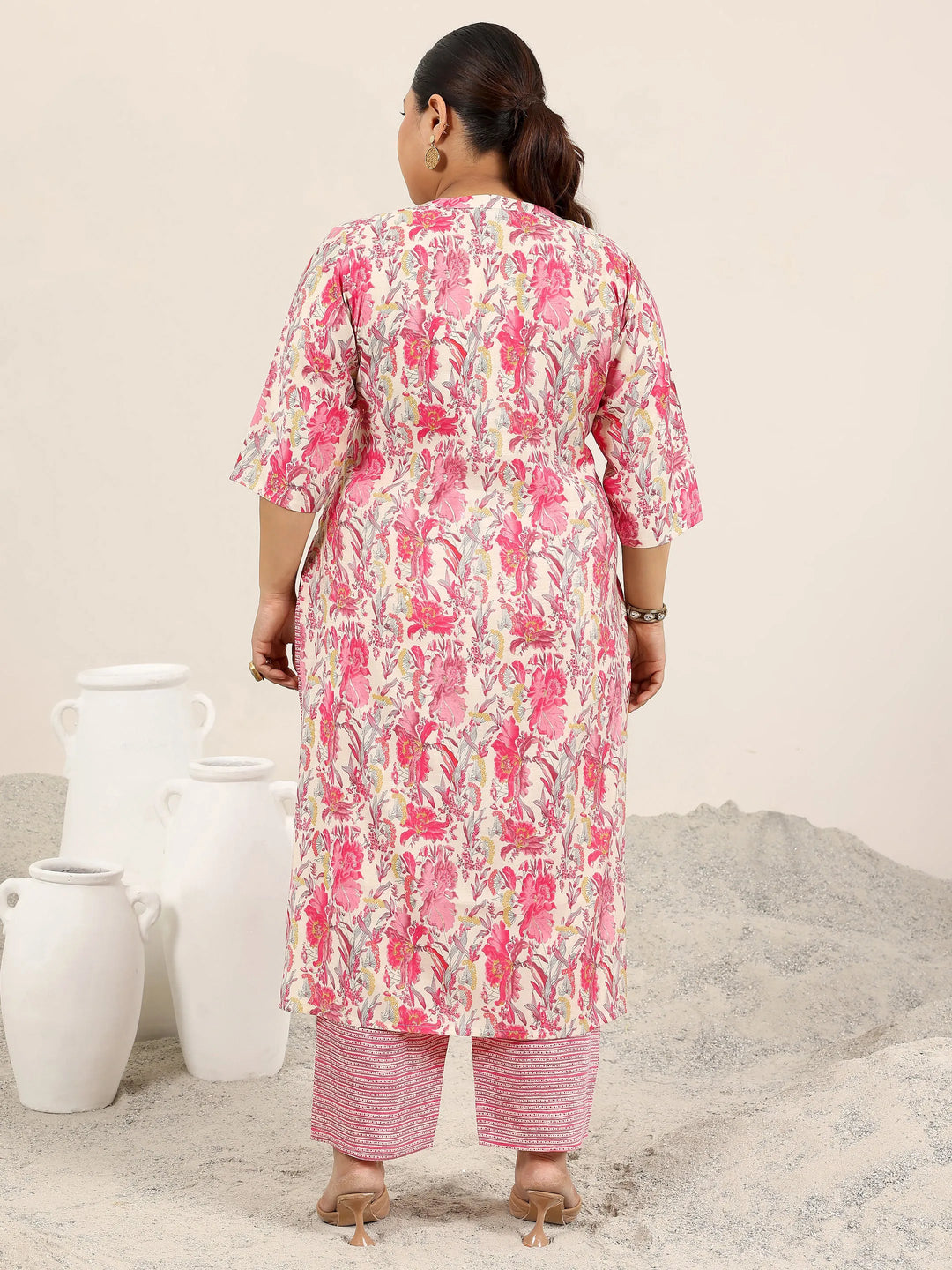  Plus Size Pink Printed Silk Blend Straight Kurta Set 