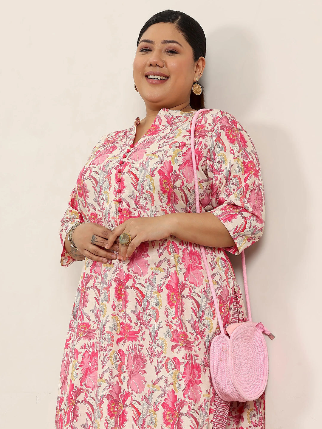  Plus Size Pink Printed Silk Blend Straight Kurta Set 