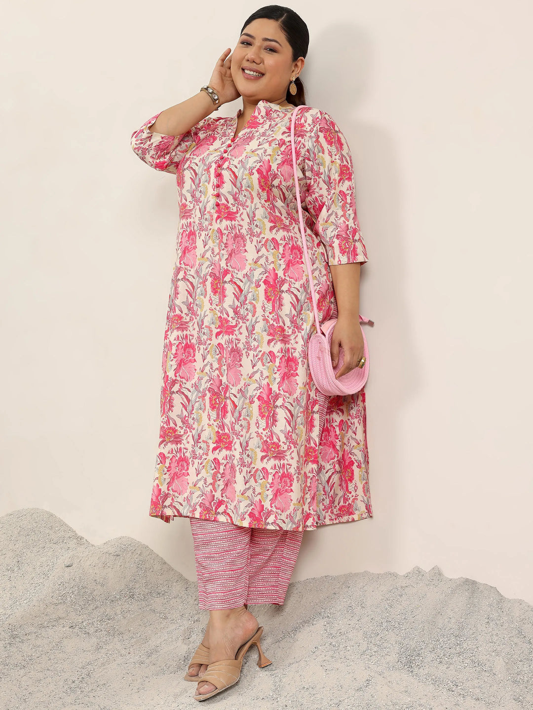  Plus Size Pink Printed Silk Blend Straight Kurta Set 