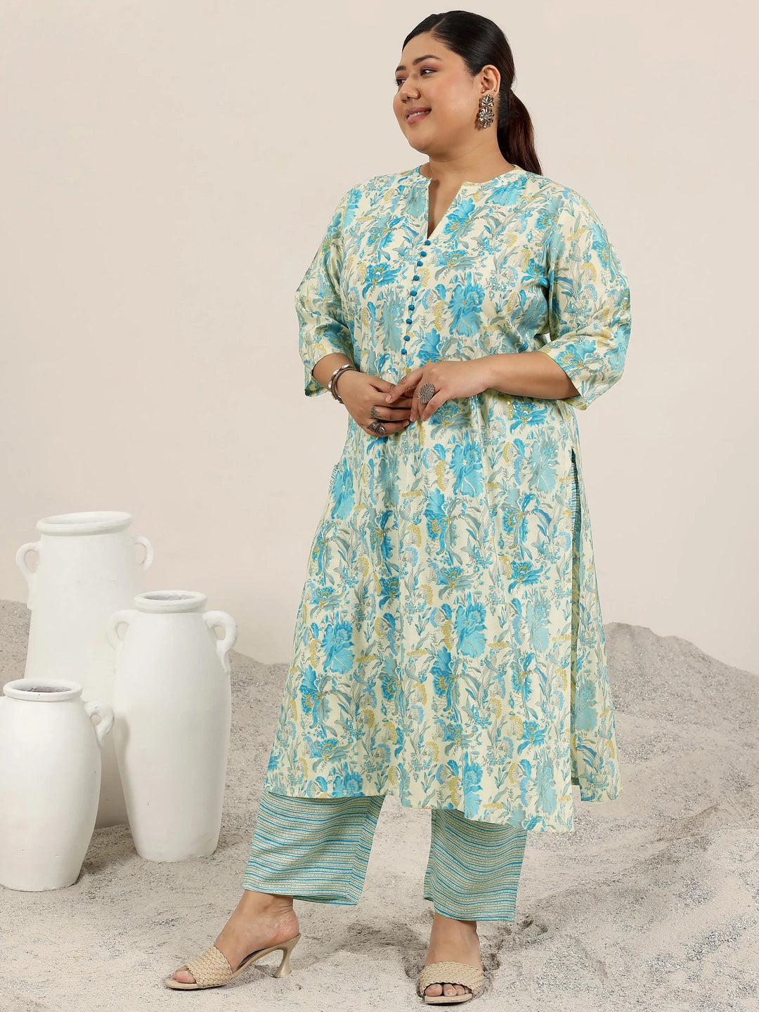  Plus Size Off White Printed Silk Blend Straight Kurta Set 