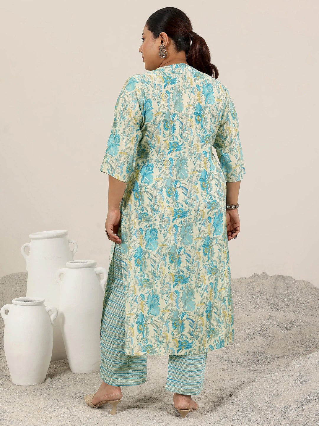  Plus Size Off White Printed Silk Blend Straight Kurta Set 