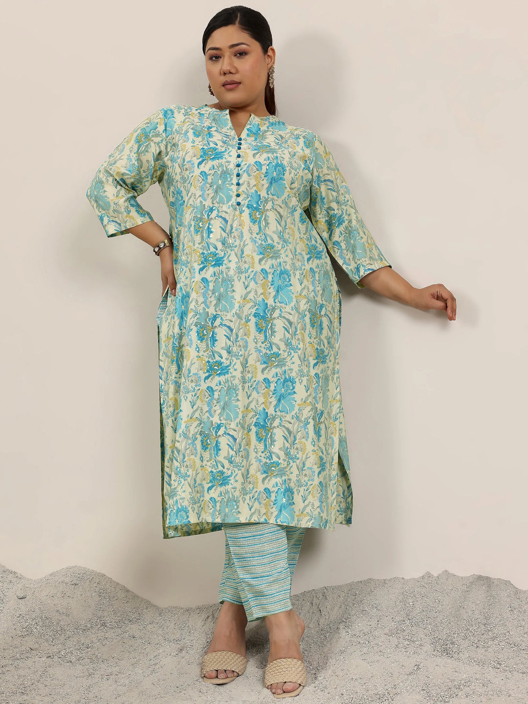  Plus Size Off White Printed Silk Blend Straight Kurta Set 