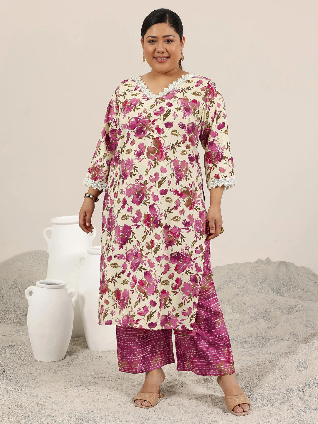  Plus Size Off White Printed Silk Blend Straight Kurta Set 