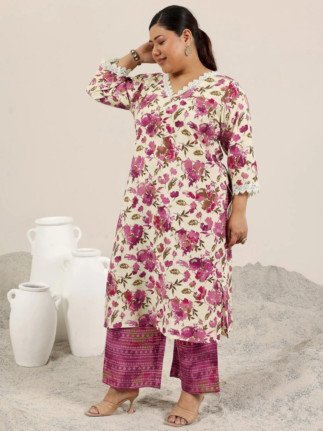  Plus Size Off White Printed Silk Blend Straight Kurta Set 