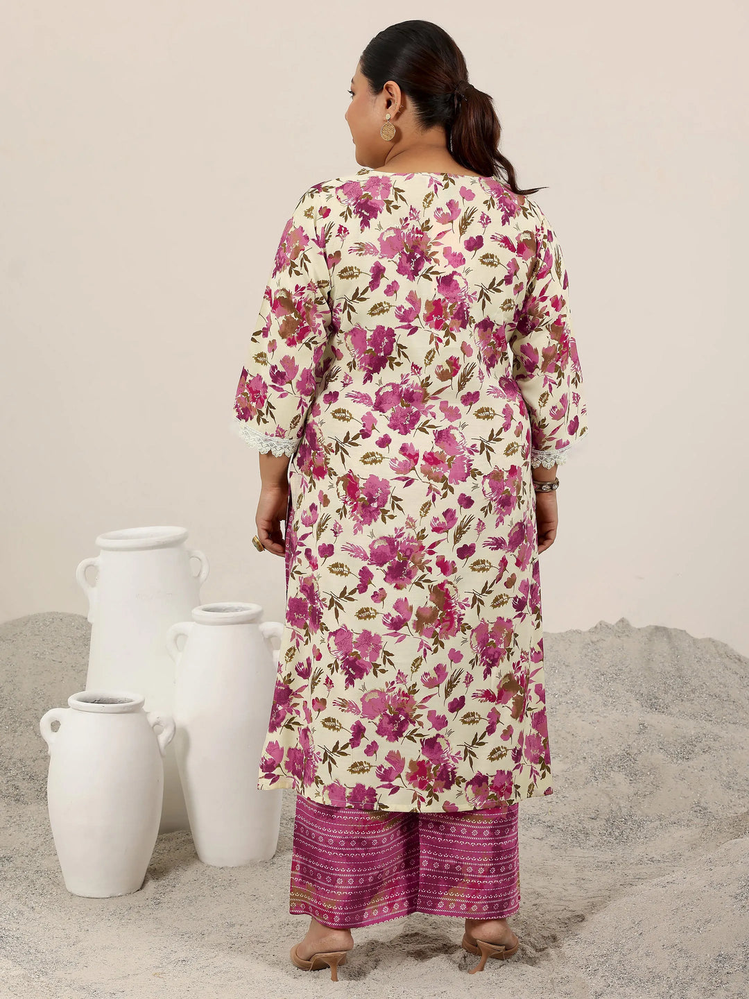  Plus Size Off White Printed Silk Blend Straight Kurta Set 