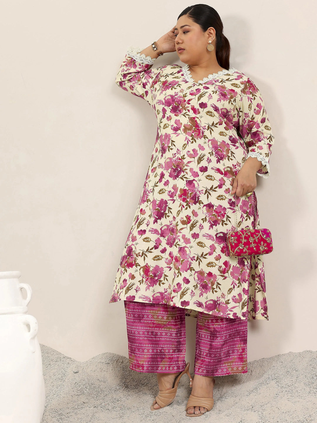  Plus Size Off White Printed Silk Blend Straight Kurta Set 