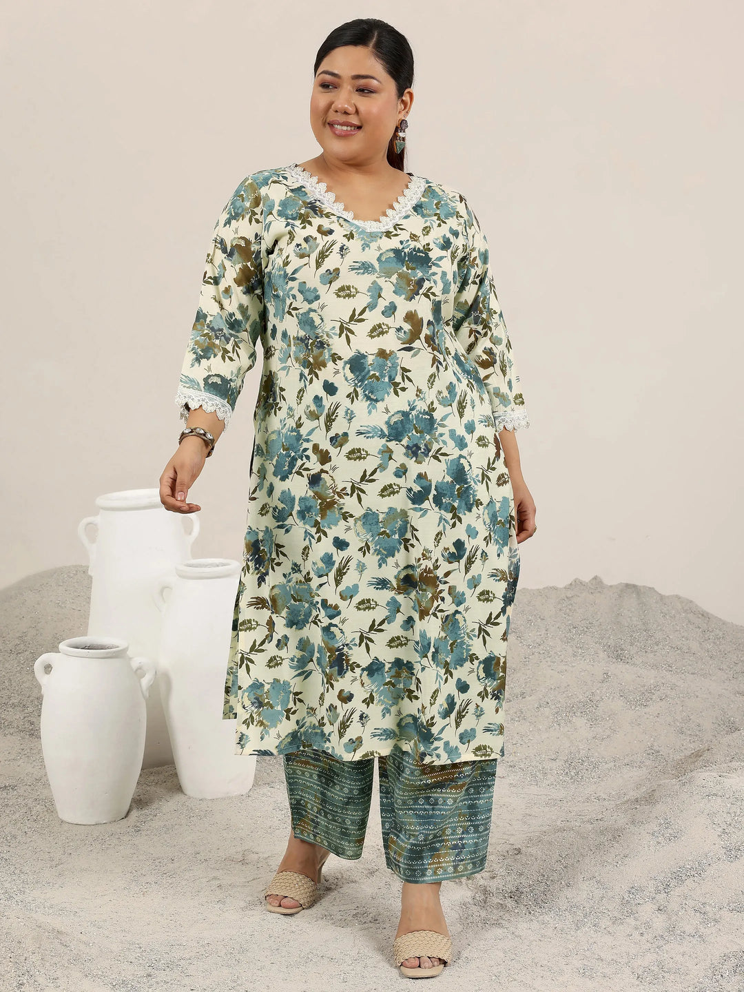  Plus Size Off White Printed Silk Blend Straight Kurta Set 