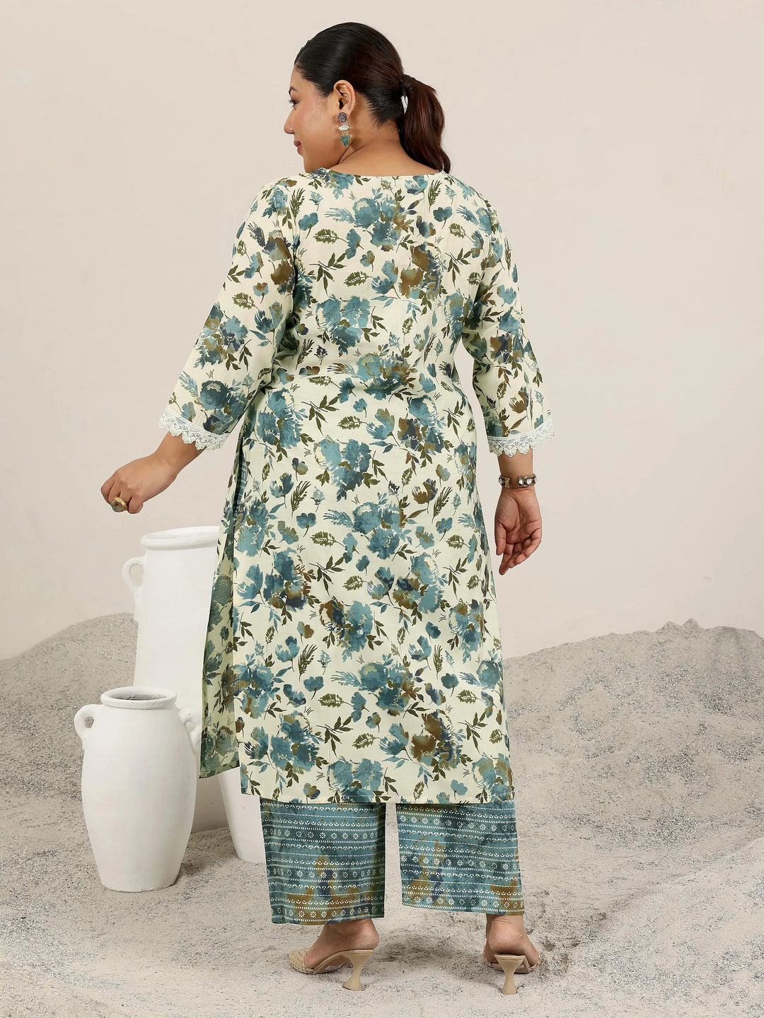  Plus Size Off White Printed Silk Blend Straight Kurta Set 