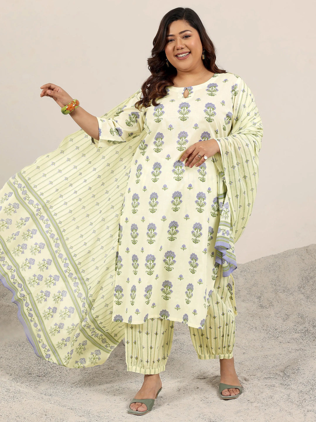  Plus Size Off White Printed Cotton Straight Suit Set With Dupatta 