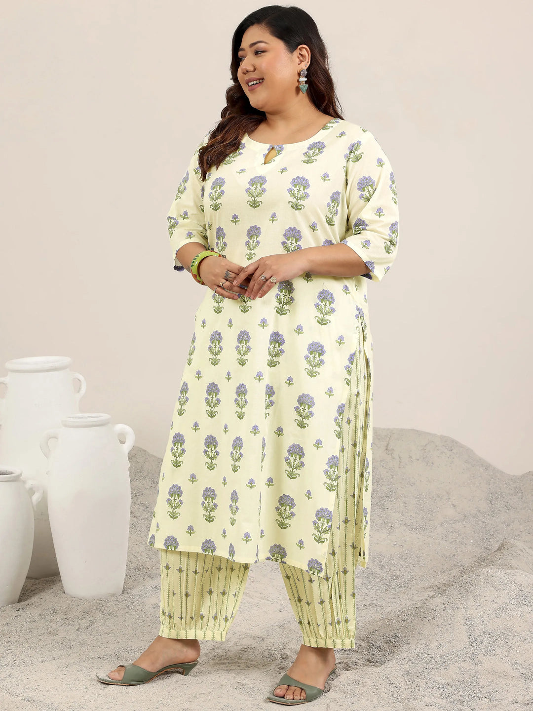  Plus Size Off White Printed Cotton Straight Suit Set With Dupatta 