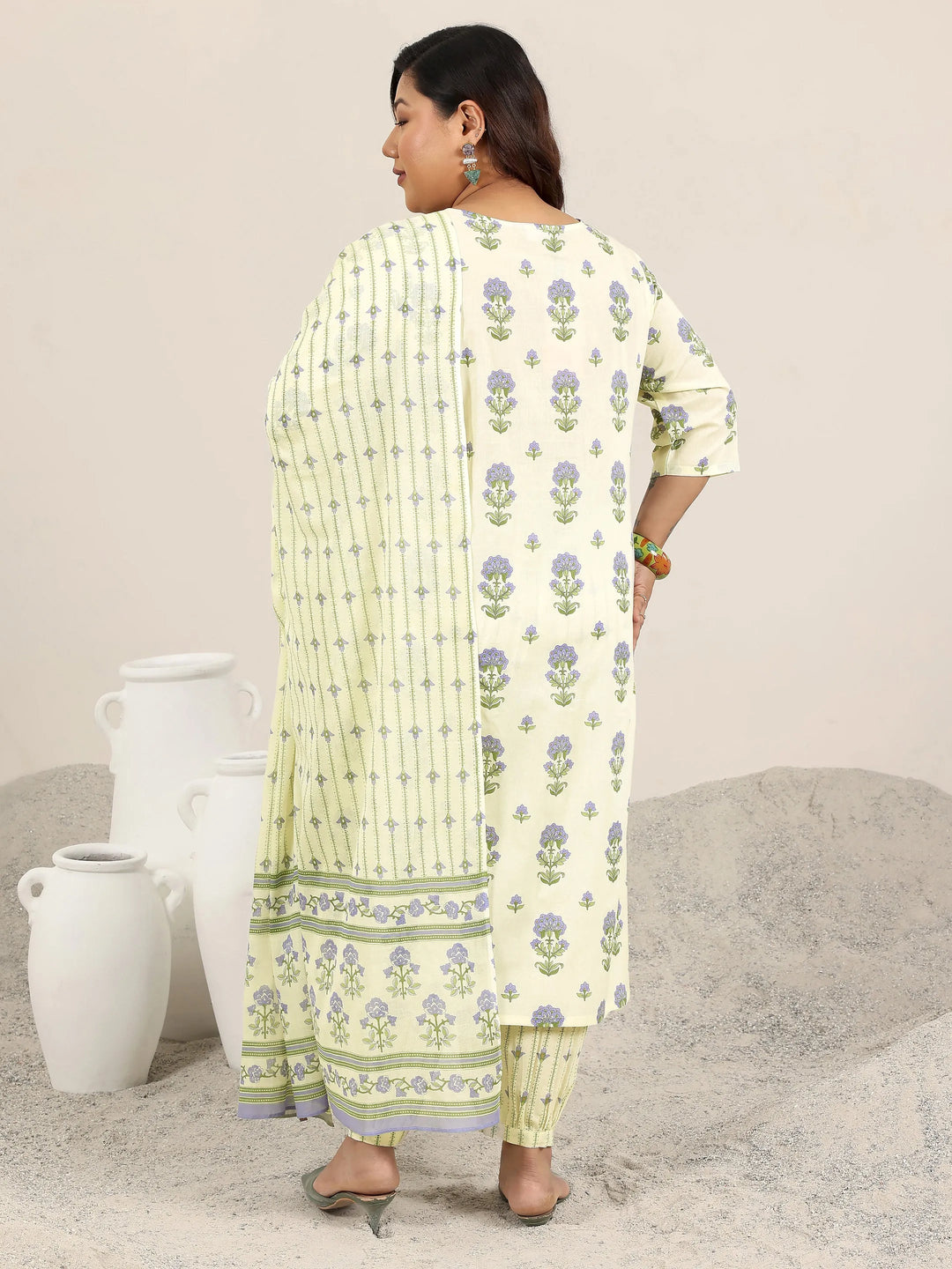  Plus Size Off White Printed Cotton Straight Suit Set With Dupatta 