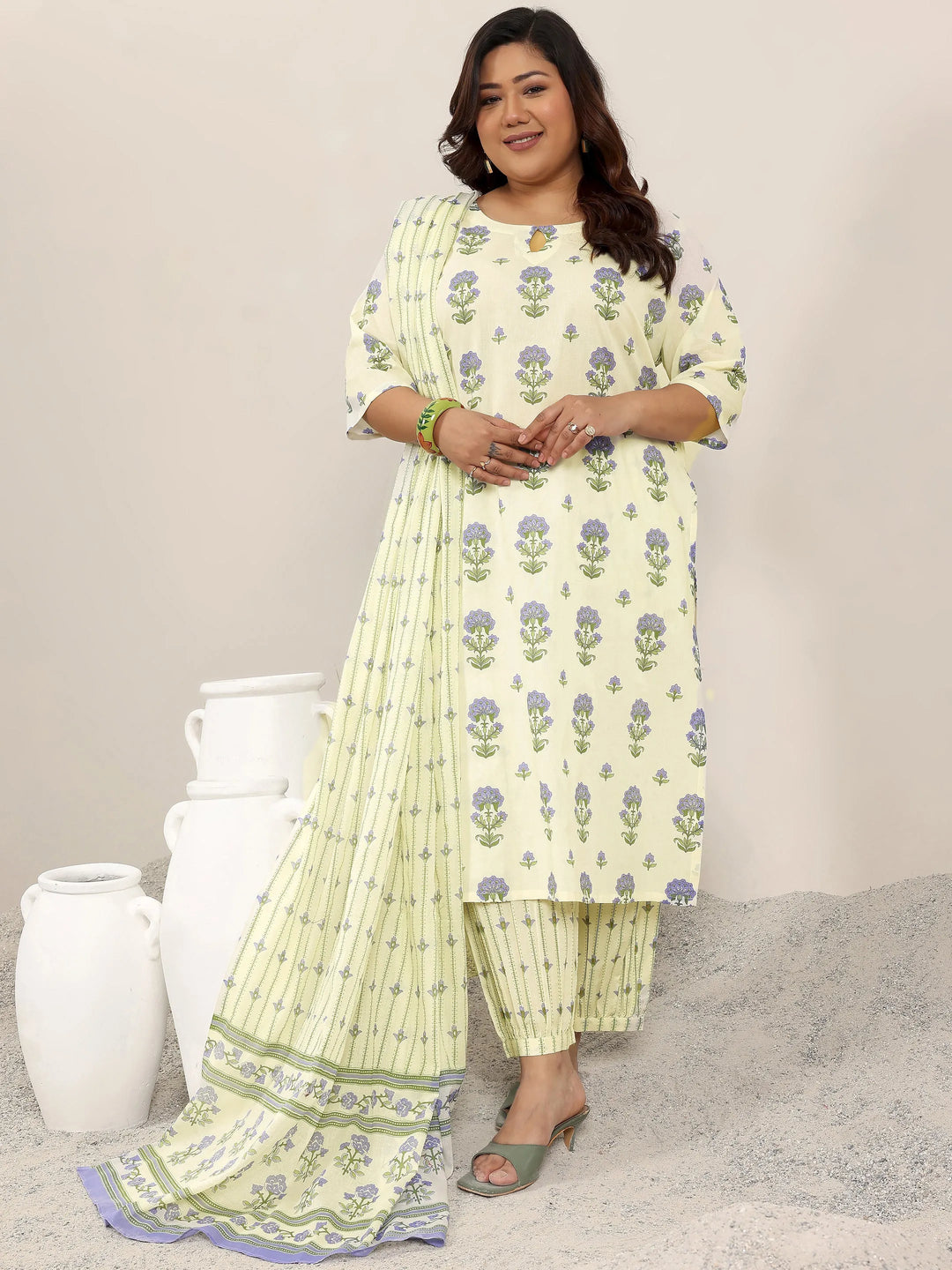  Plus Size Off White Printed Cotton Straight Suit Set With Dupatta 