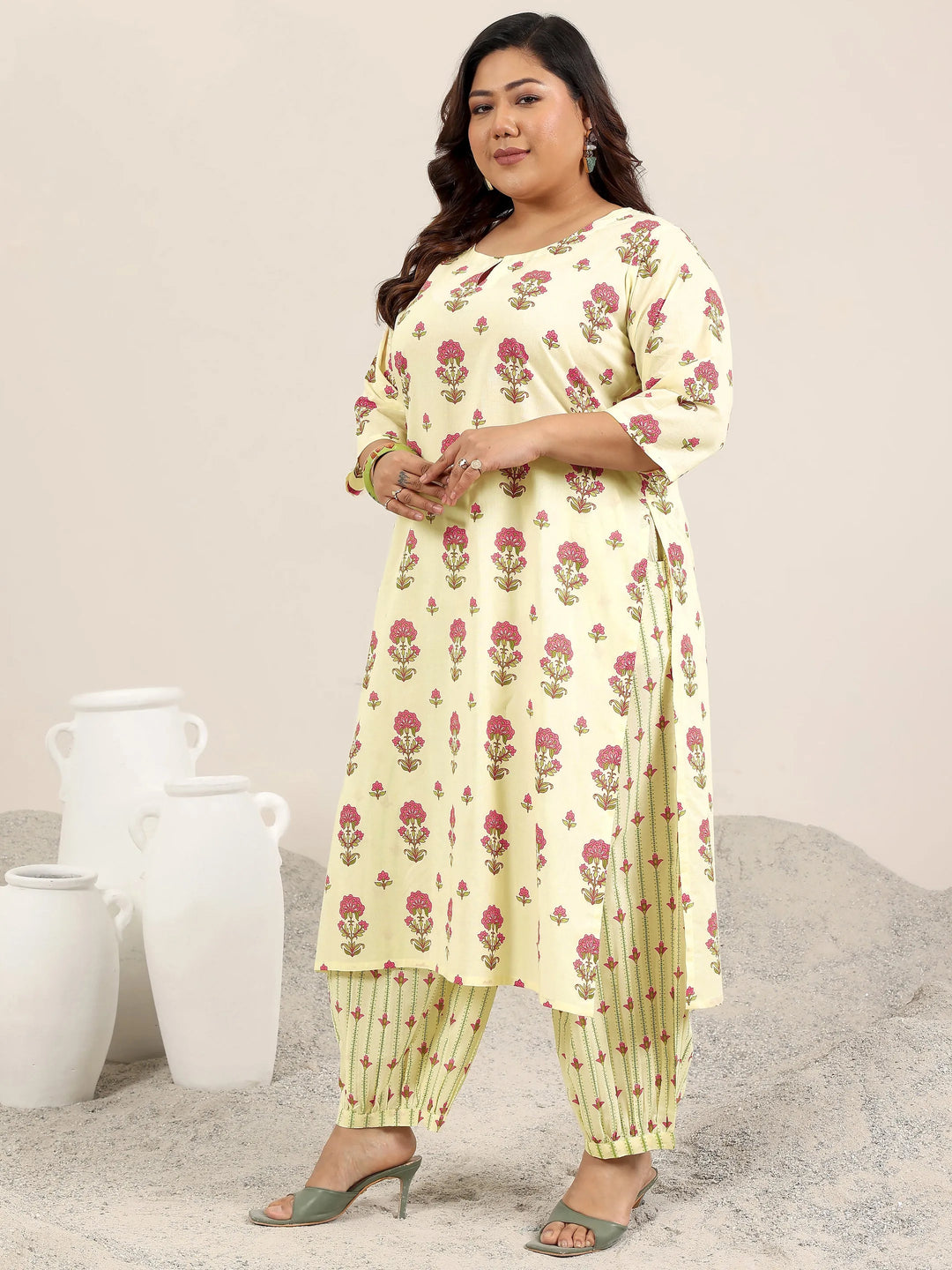  Plus Size Off White Printed Cotton Straight Suit Set With Dupatta 