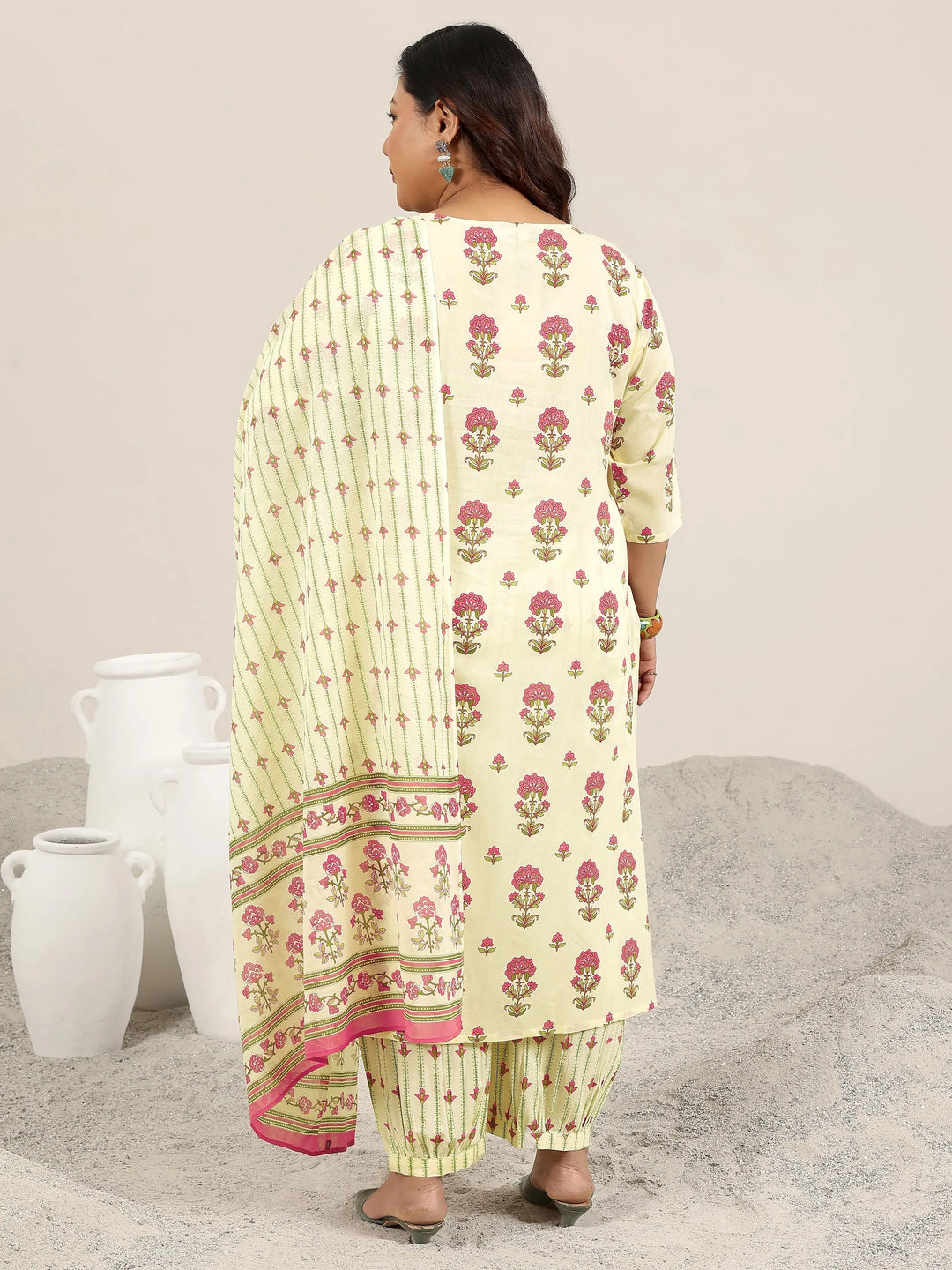  Plus Size Off White Printed Cotton Straight Suit Set With Dupatta 