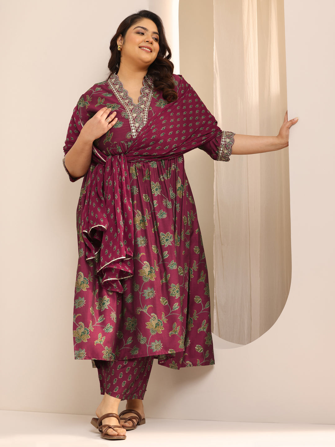 Plus Size Maroon Printed Silk Blend A-Line Suit Set With Dupatta