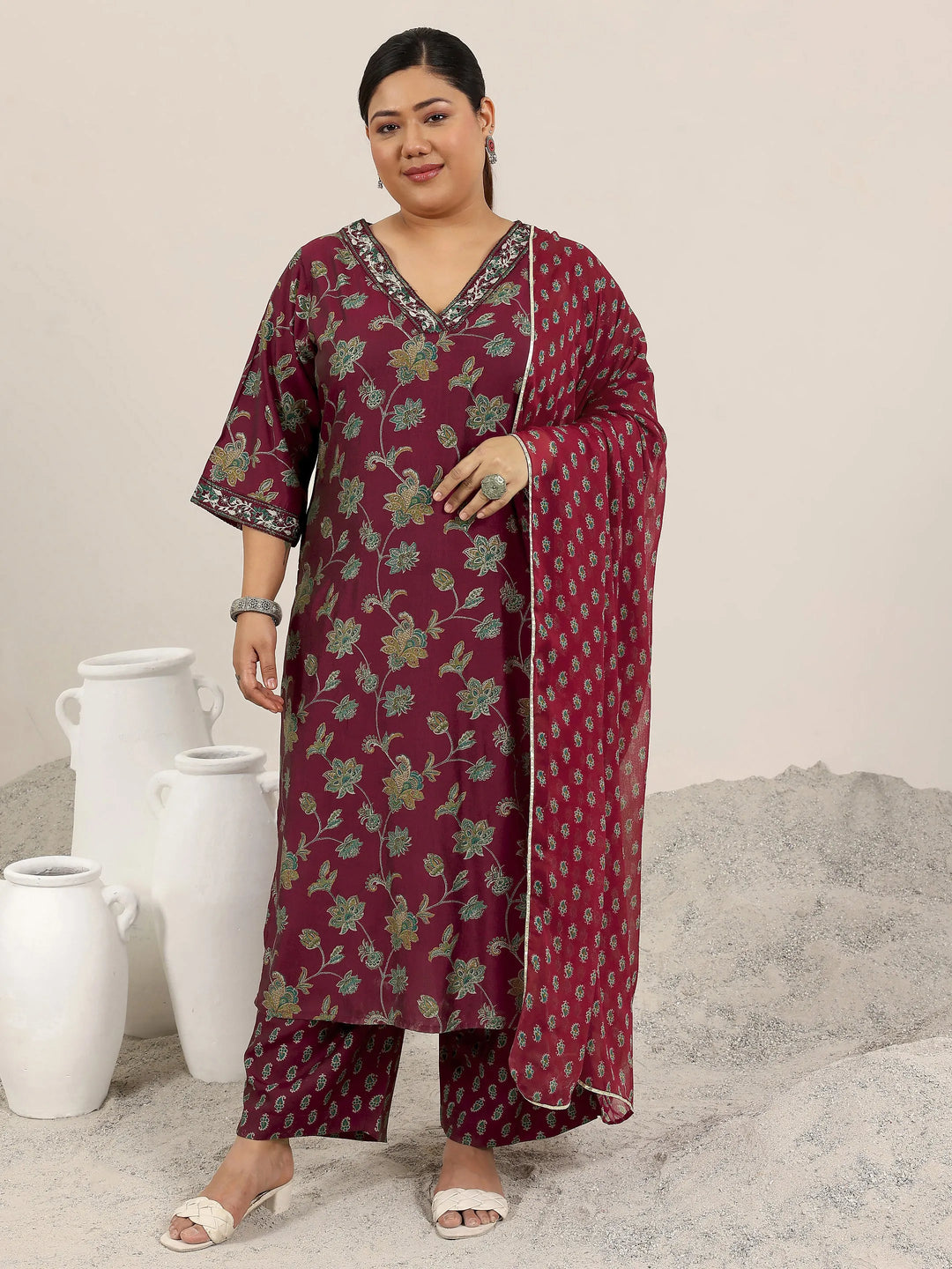  Plus Size Maroon Printed Silk Blend Straight Suit Set With Dupatta 