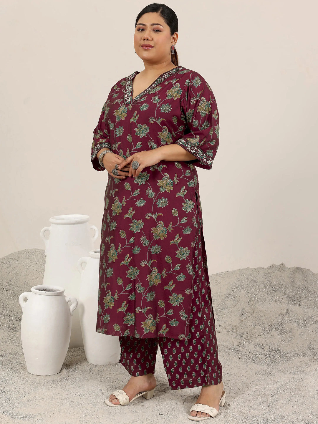  Plus Size Maroon Printed Silk Blend Straight Suit Set With Dupatta 