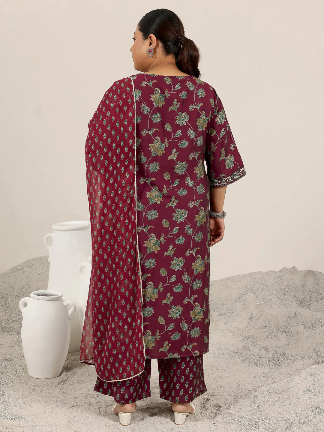  Plus Size Maroon Printed Silk Blend Straight Suit Set With Dupatta 