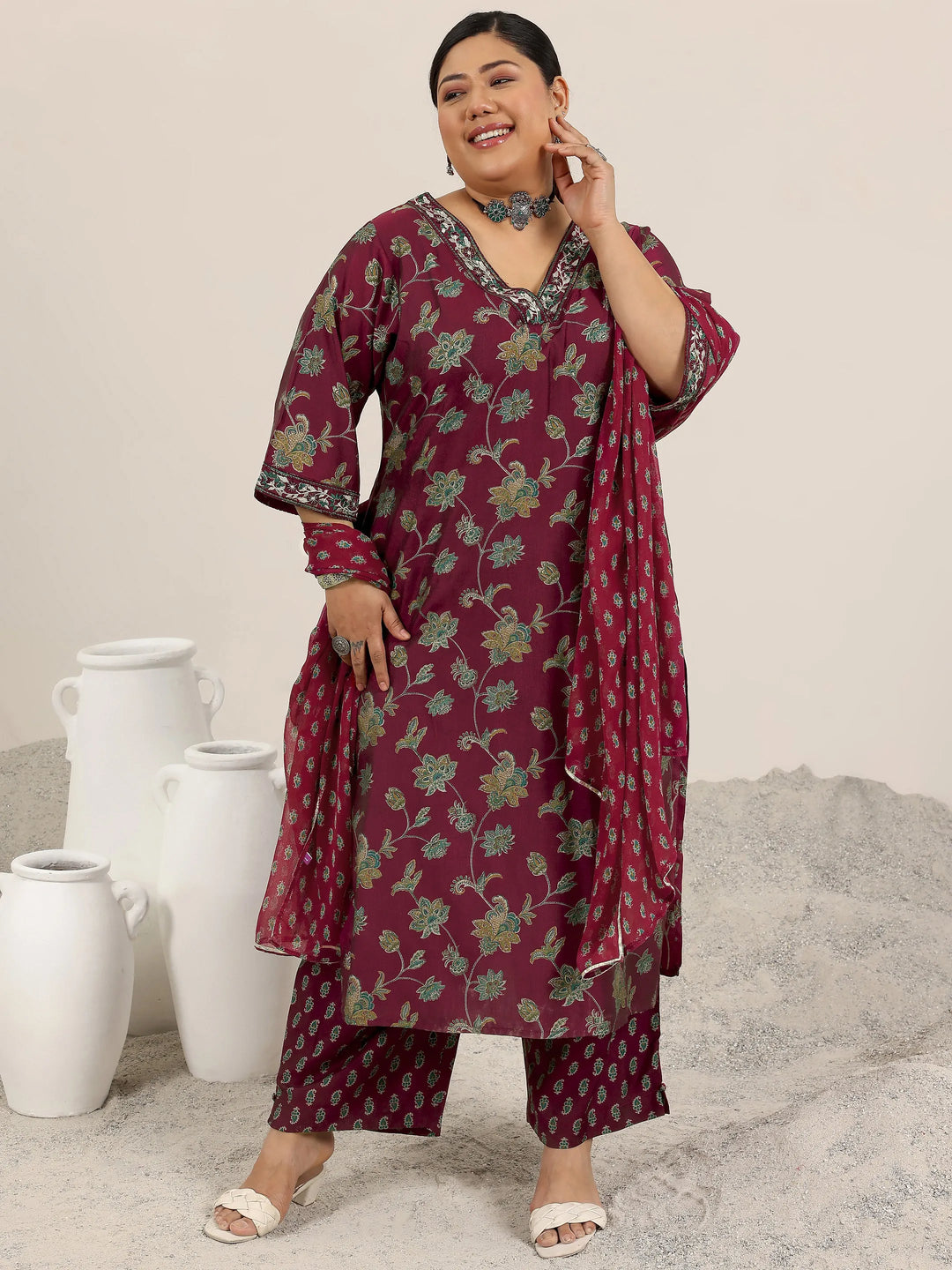  Plus Size Maroon Printed Silk Blend Straight Suit Set With Dupatta 