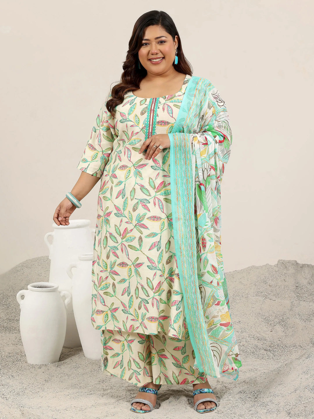  Plus Size Off White Printed Silk Blend Straight Suit Set With Dupatta 