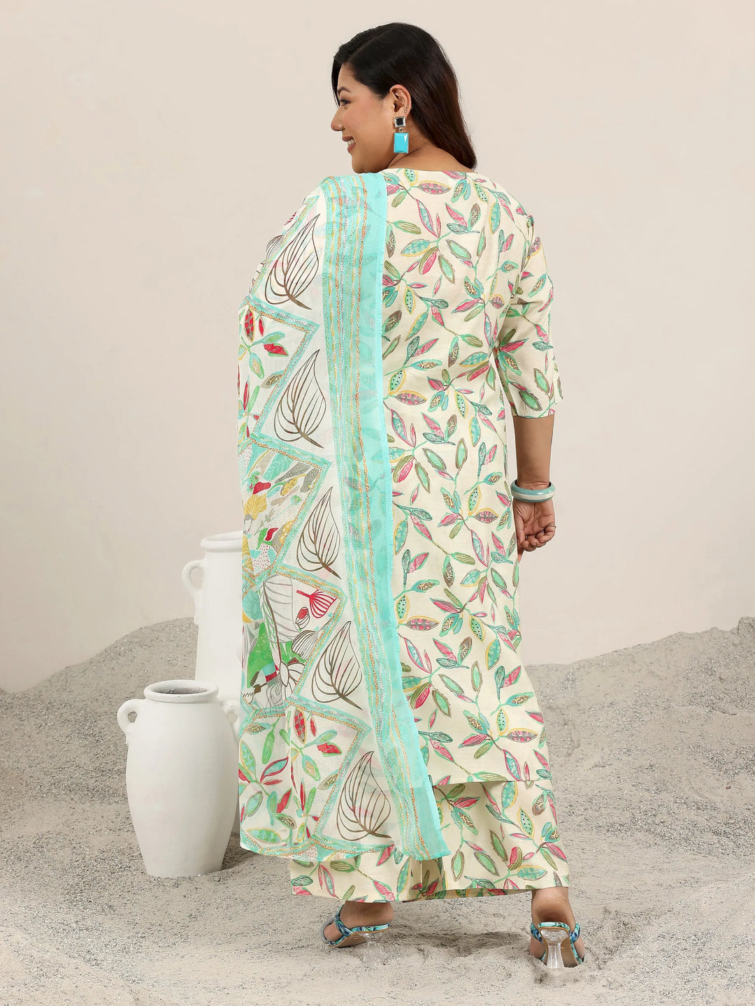  Plus Size Off White Printed Silk Blend Straight Suit Set With Dupatta 