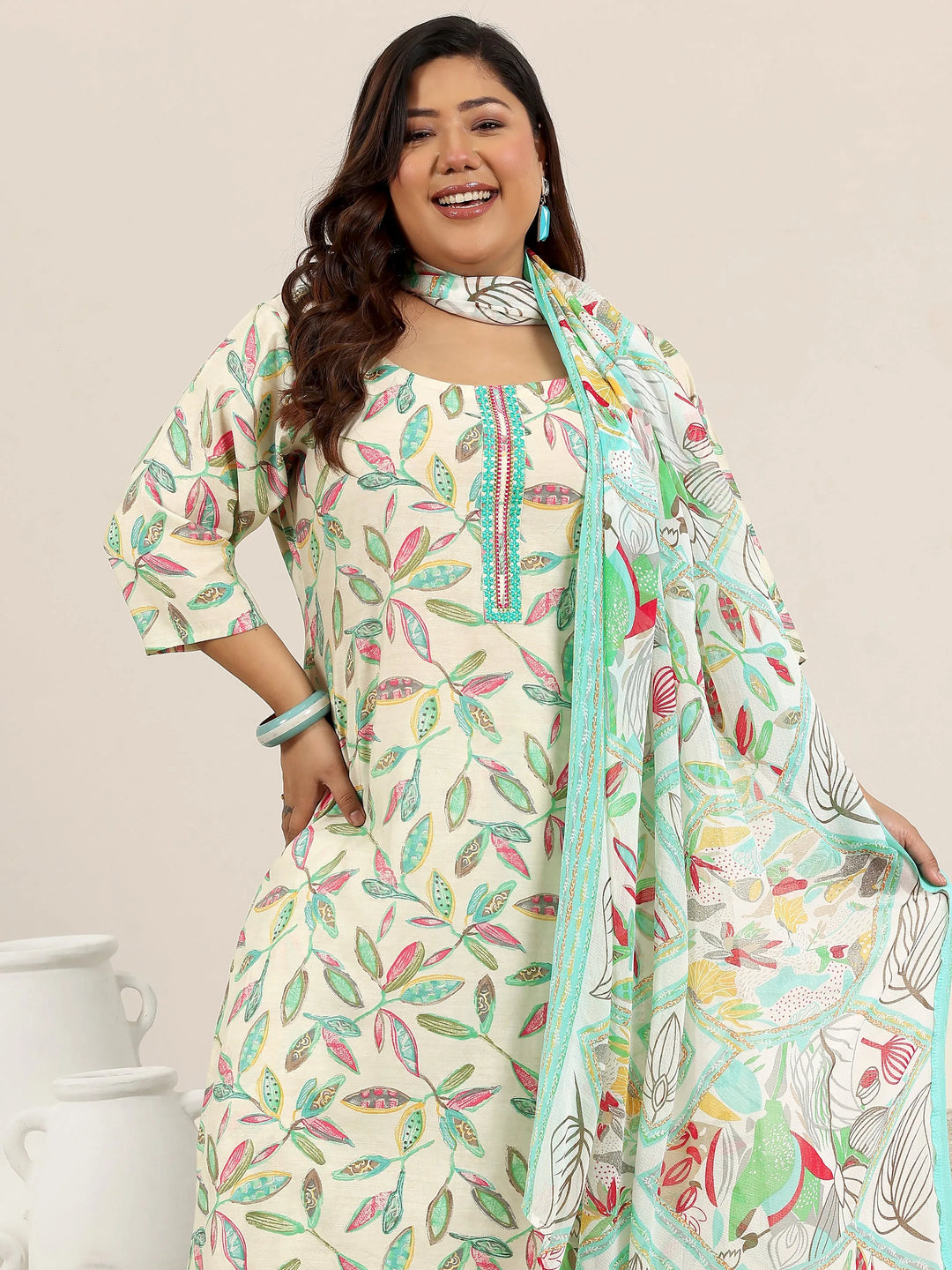  Plus Size Off White Printed Silk Blend Straight Suit Set With Dupatta 