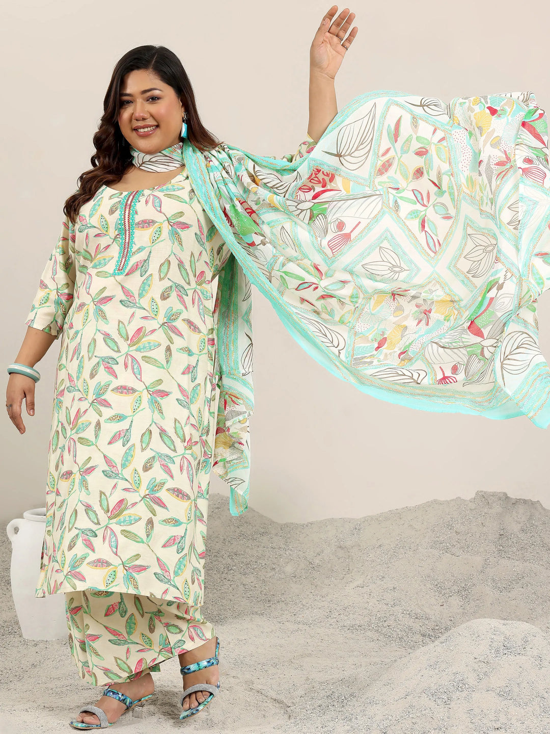 Plus Size Off White Printed Silk Blend Straight Suit Set With Dupatta