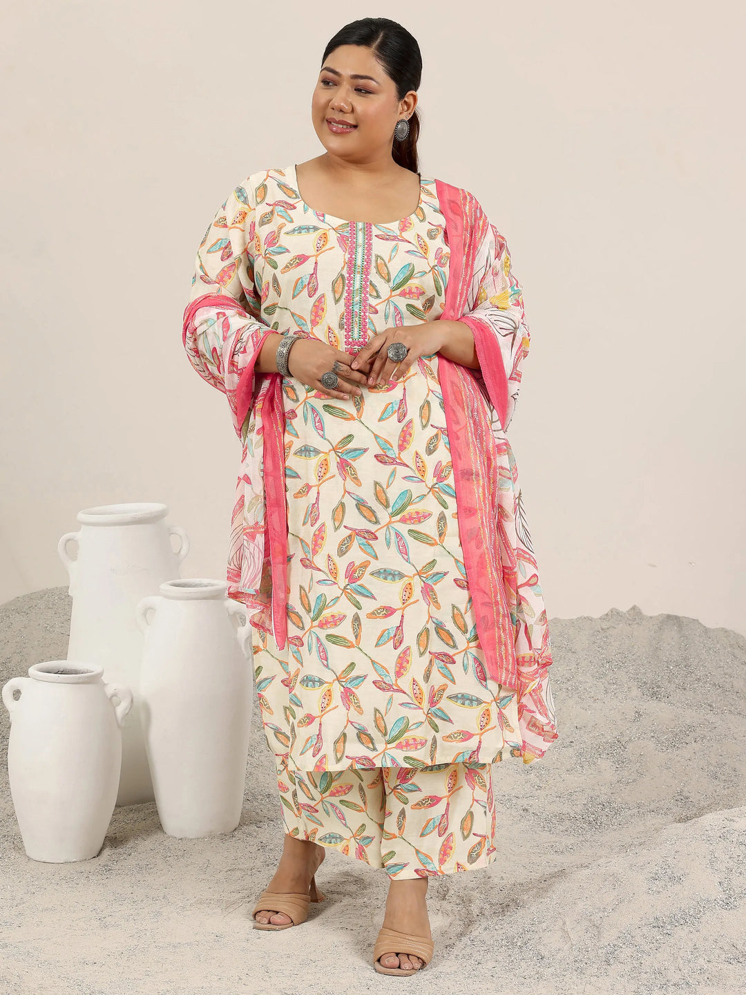  Plus Size Off White Printed Silk Blend Straight Suit Set With Dupatta 