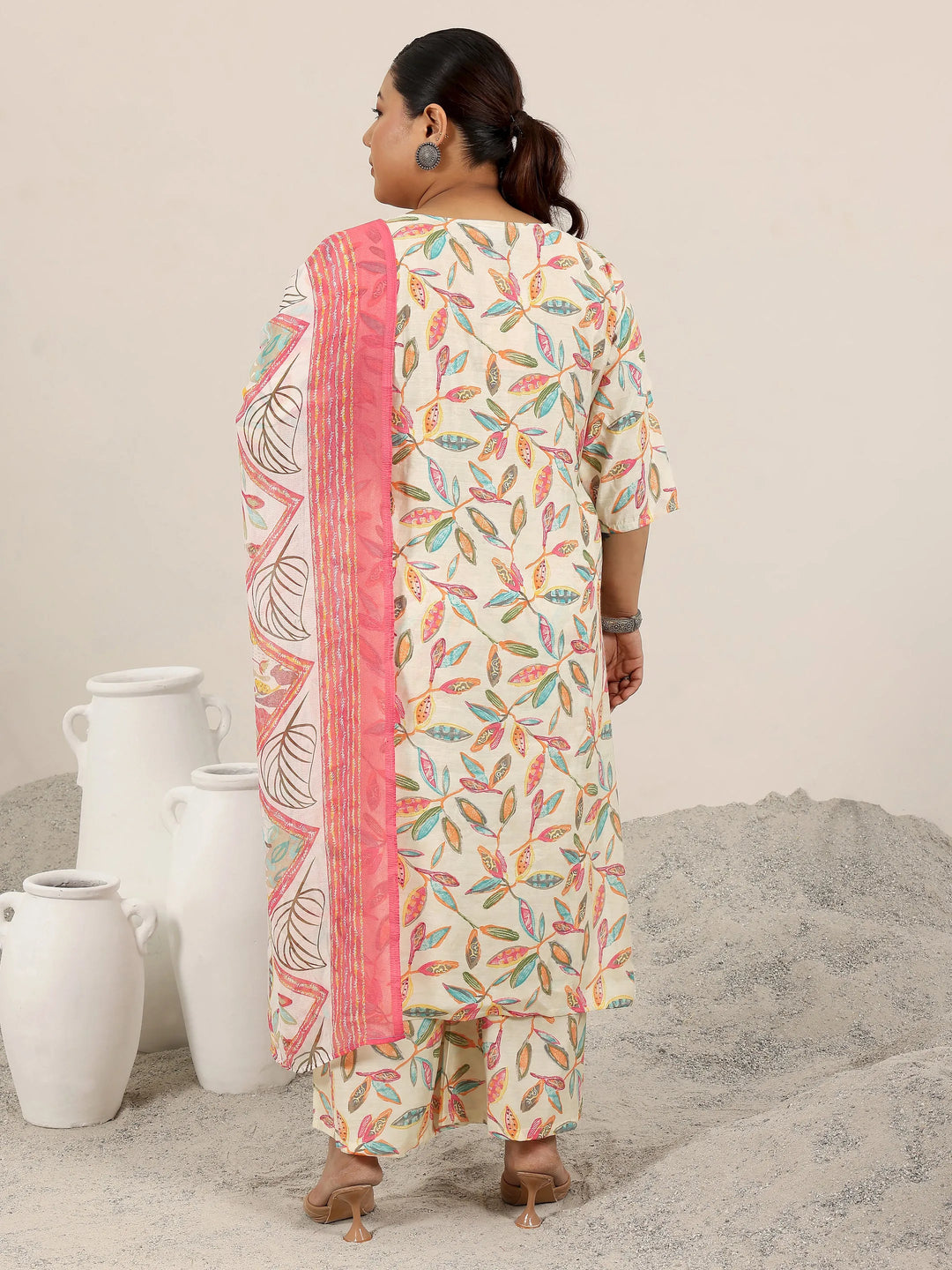  Plus Size Off White Printed Silk Blend Straight Suit Set With Dupatta 