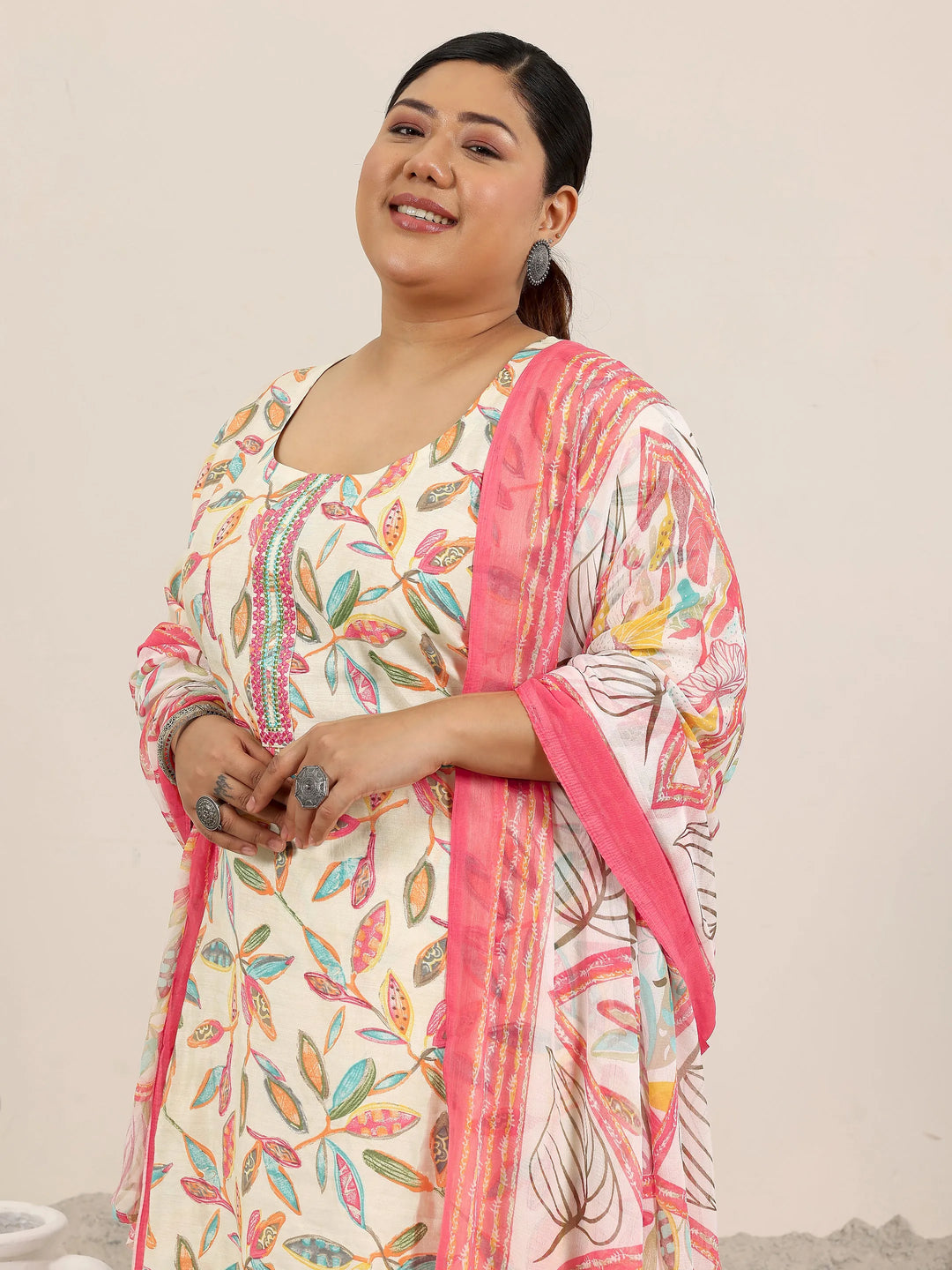  Plus Size Off White Printed Silk Blend Straight Suit Set With Dupatta 