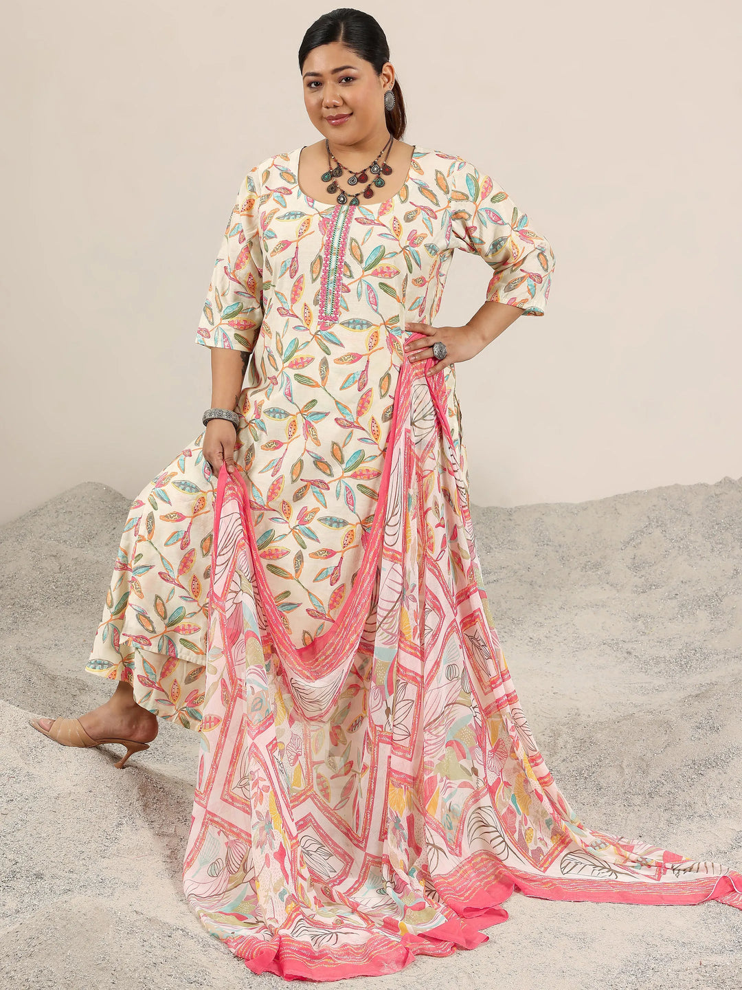  Plus Size Off White Printed Silk Blend Straight Suit Set With Dupatta 