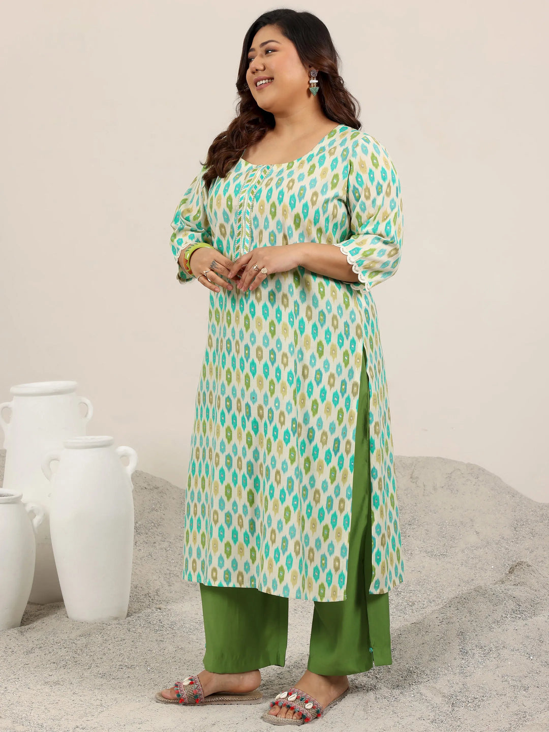  Plus Size Green Printed Silk Blend Straight Suit Set With Dupatta 