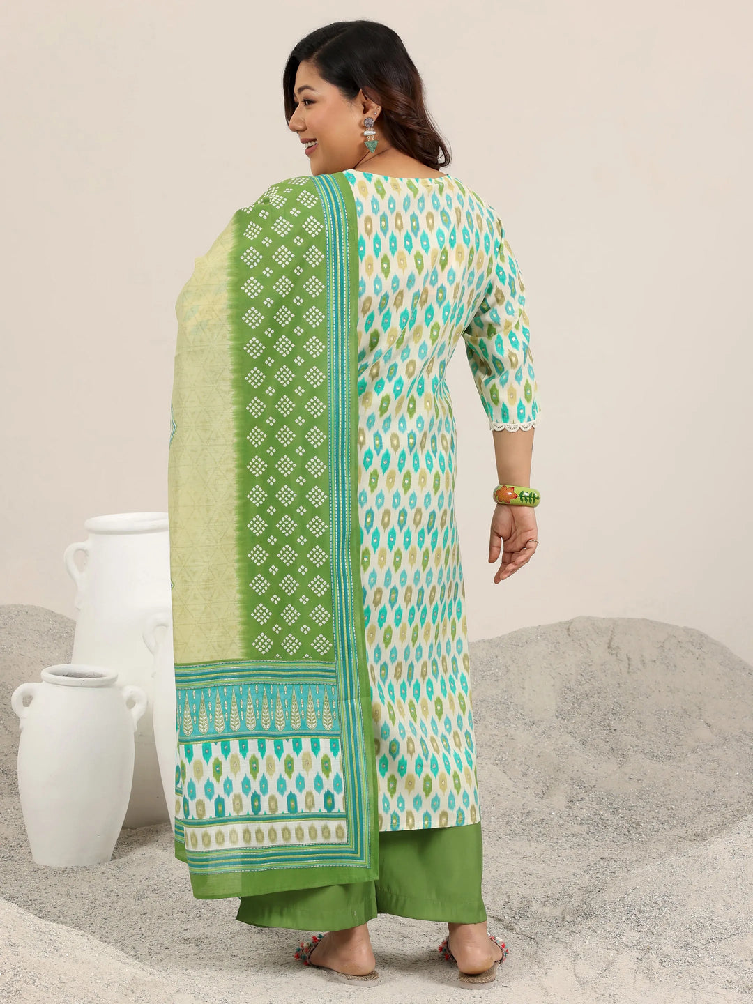  Plus Size Green Printed Silk Blend Straight Suit Set With Dupatta 