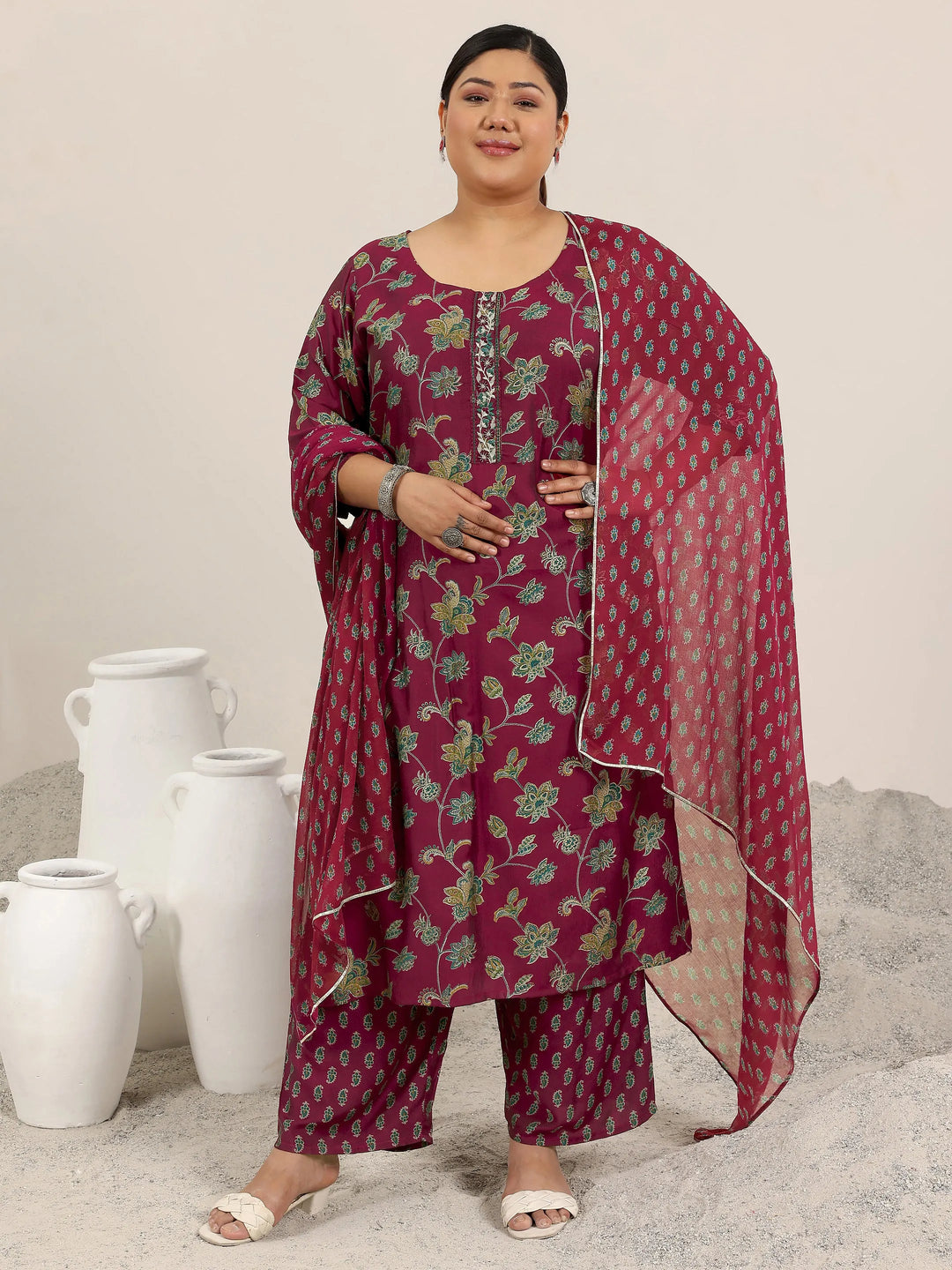  Plus Size Maroon Printed Silk Blend Straight Suit Set With Dupatta 