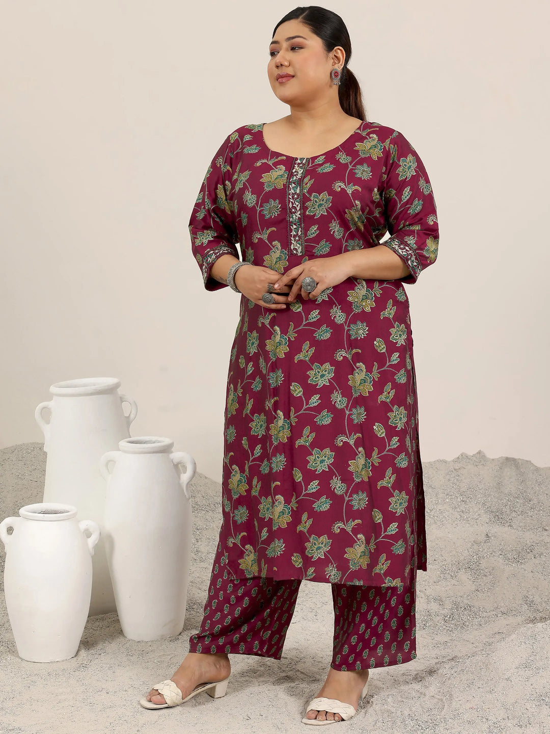  Plus Size Maroon Printed Silk Blend Straight Suit Set With Dupatta 