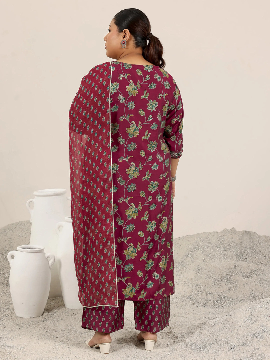  Plus Size Maroon Printed Silk Blend Straight Suit Set With Dupatta 