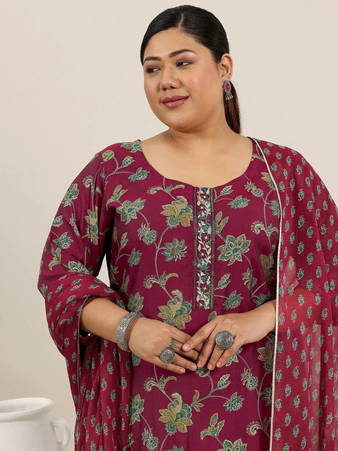  Plus Size Maroon Printed Silk Blend Straight Suit Set With Dupatta 