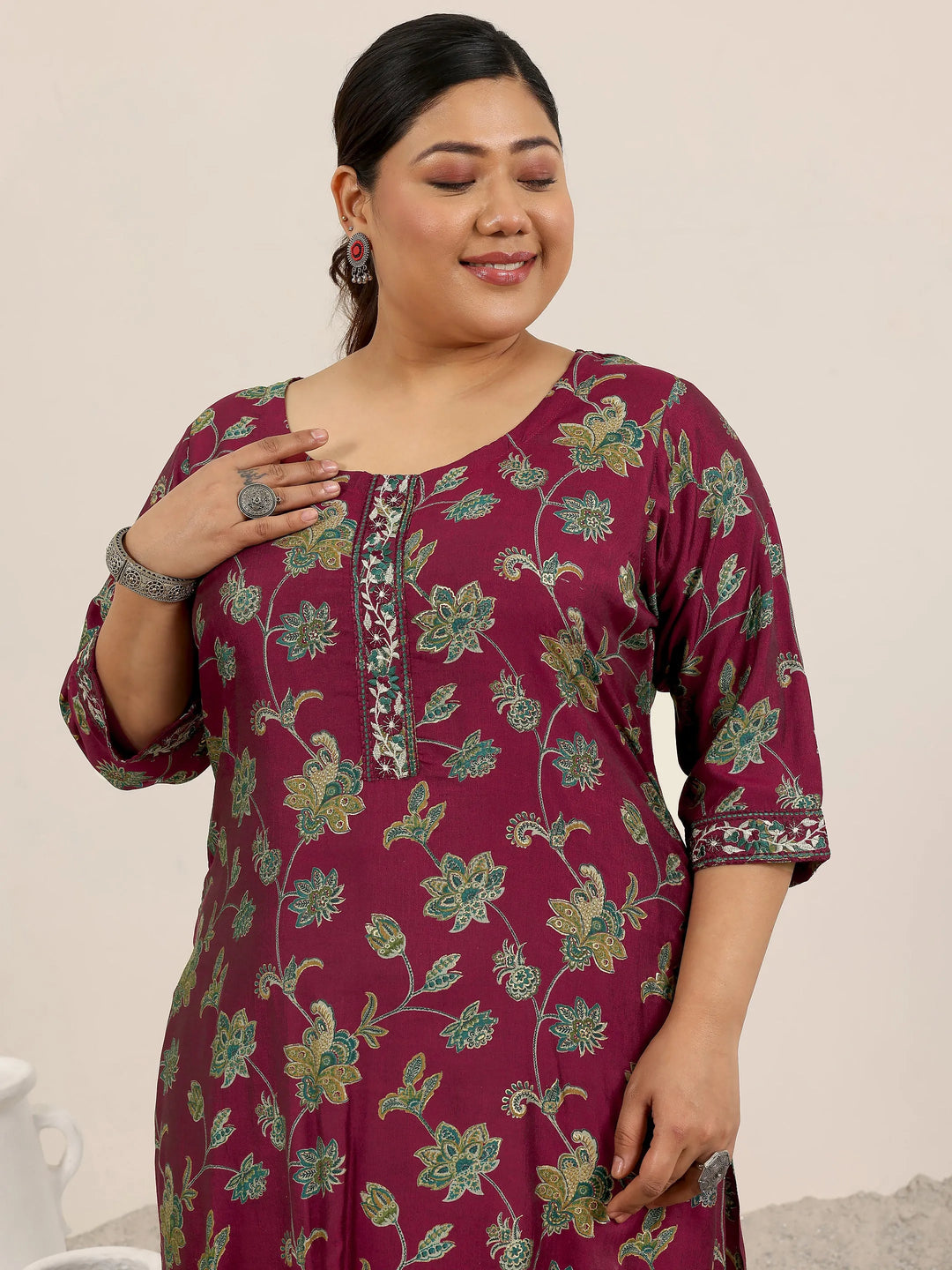  Plus Size Maroon Printed Silk Blend Straight Suit Set With Dupatta 