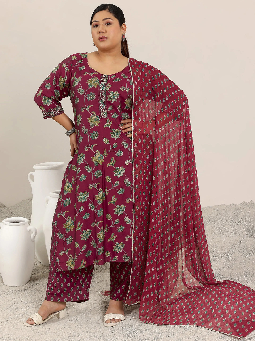  Plus Size Maroon Printed Silk Blend Straight Suit Set With Dupatta 