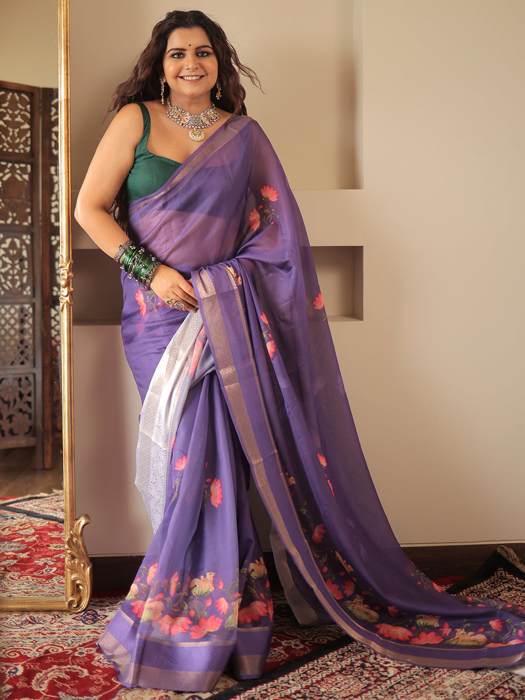  Purple Printed Silk Blend Saree With Unstitched Blouse Piece 