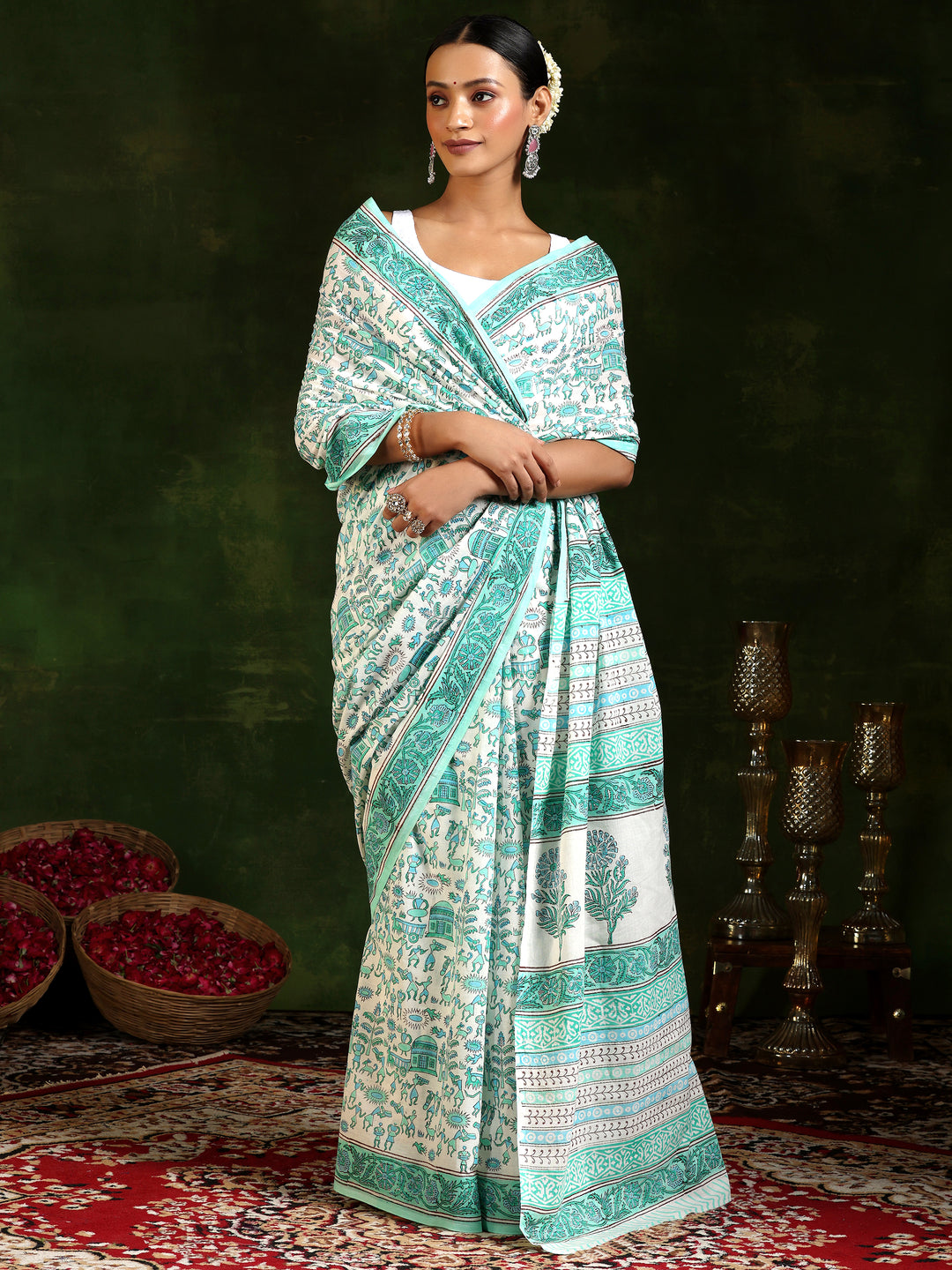 Off White Printed Cotton Saree With Unstitched Blouse Piece