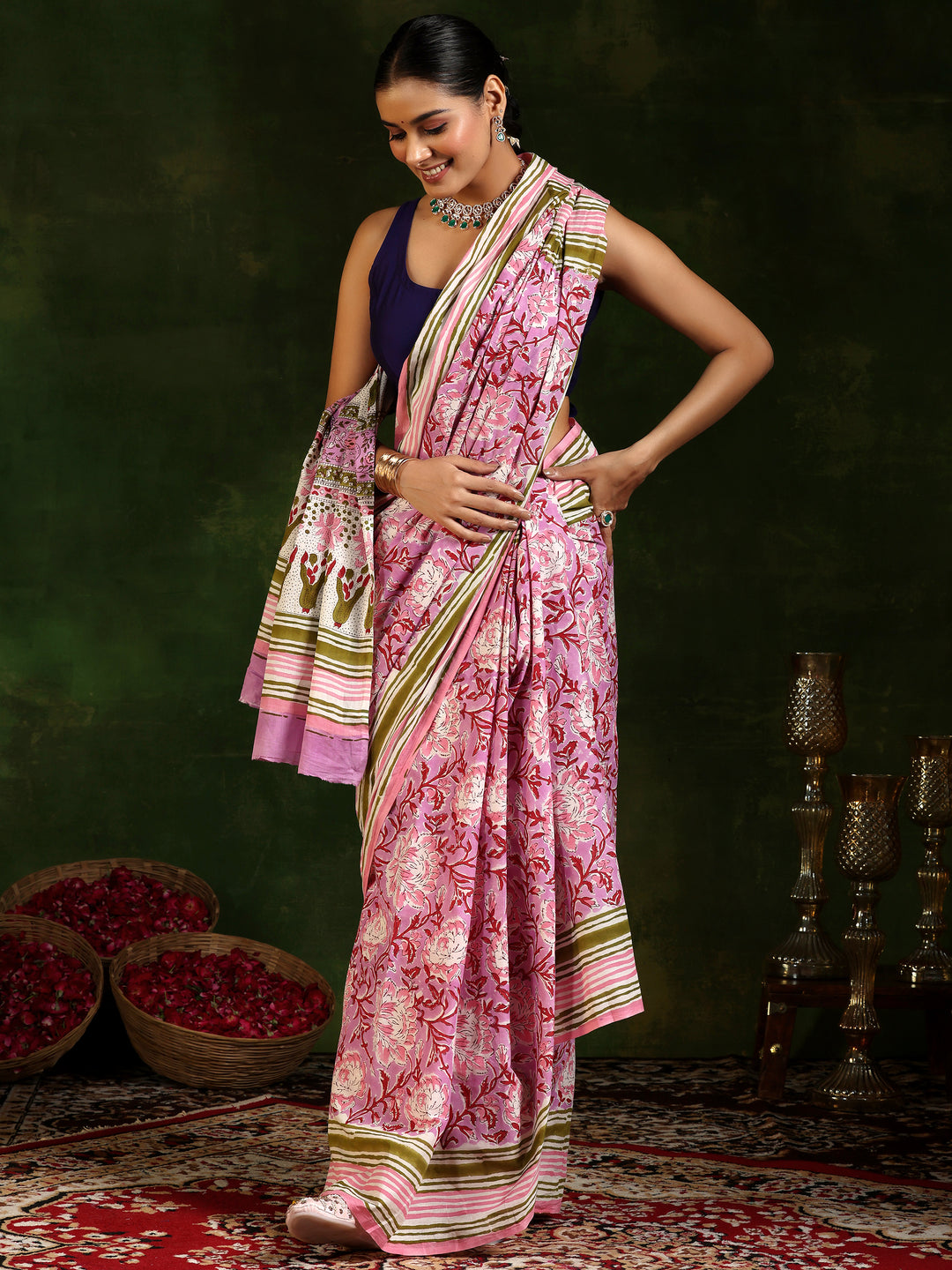  Lavender Printed Cotton Saree With Unstitched Blouse Piece 