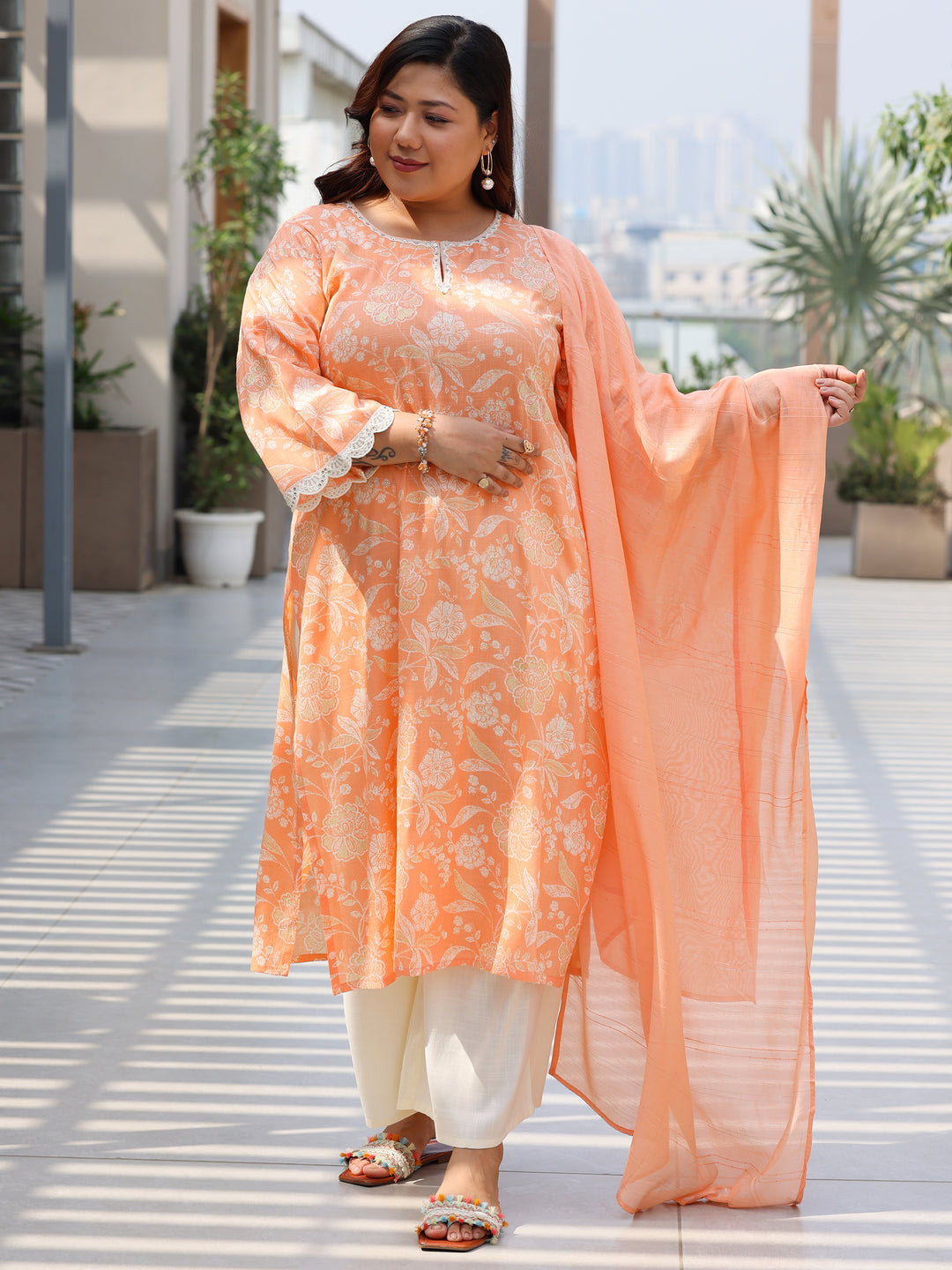 Plus Size Orange Printed Cotton Blend Straight Suit With Dupatta