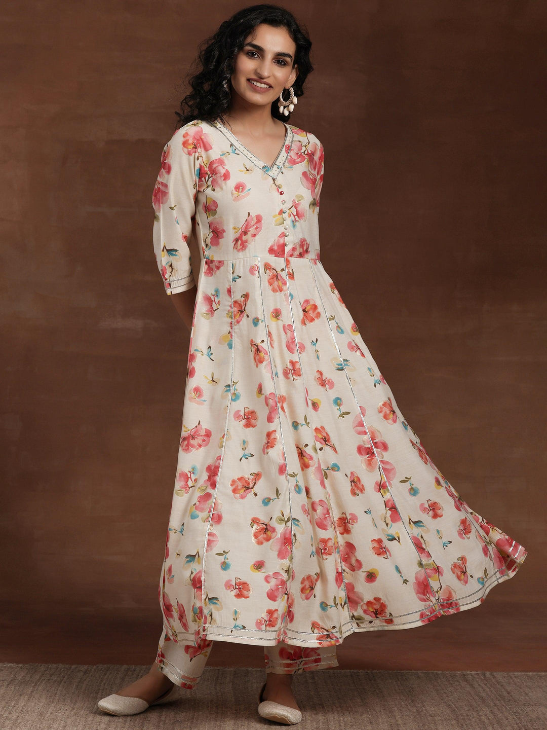 Off White Printed Silk Blend Anarkali Kurta Set - Libas 