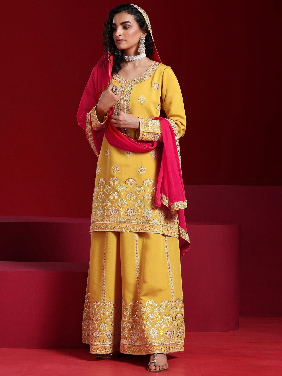 Libas Art Yellow Embroidered Silk Blend Straight Suit With Dupatta - Libas 