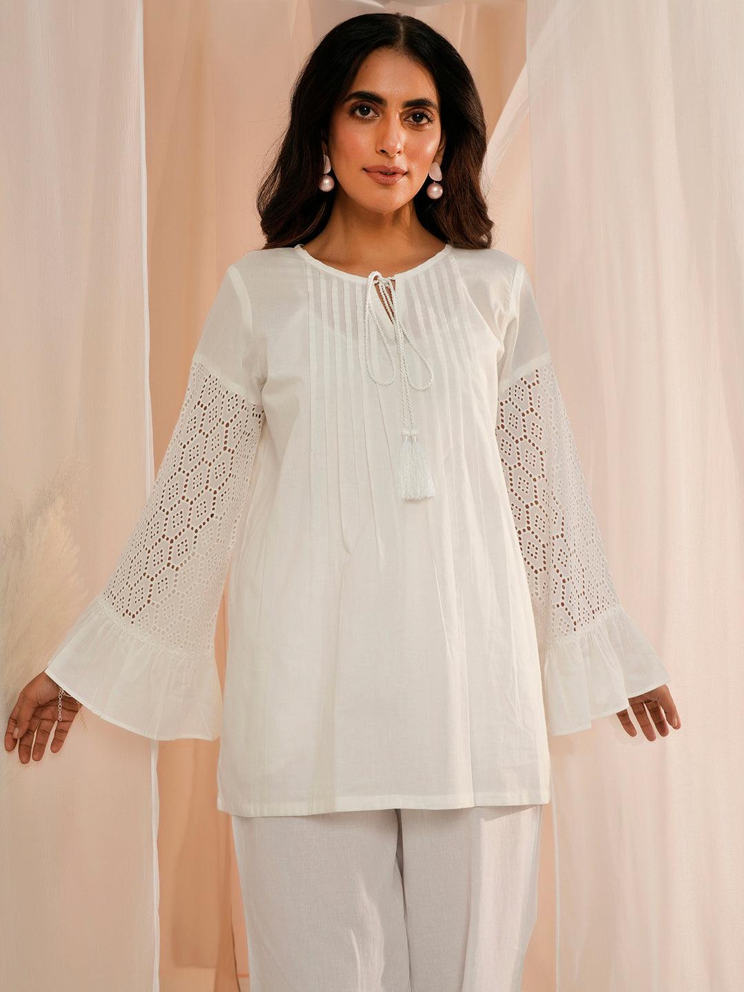 White Solid Cotton Straight Kurti - Libas 