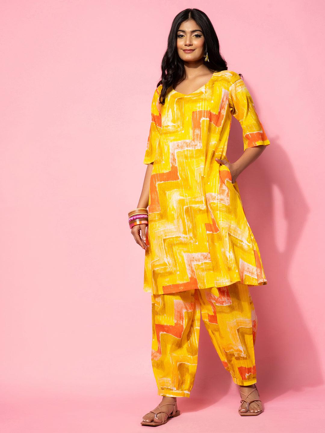 Yellow Printed Cotton Co-Ords - Libas