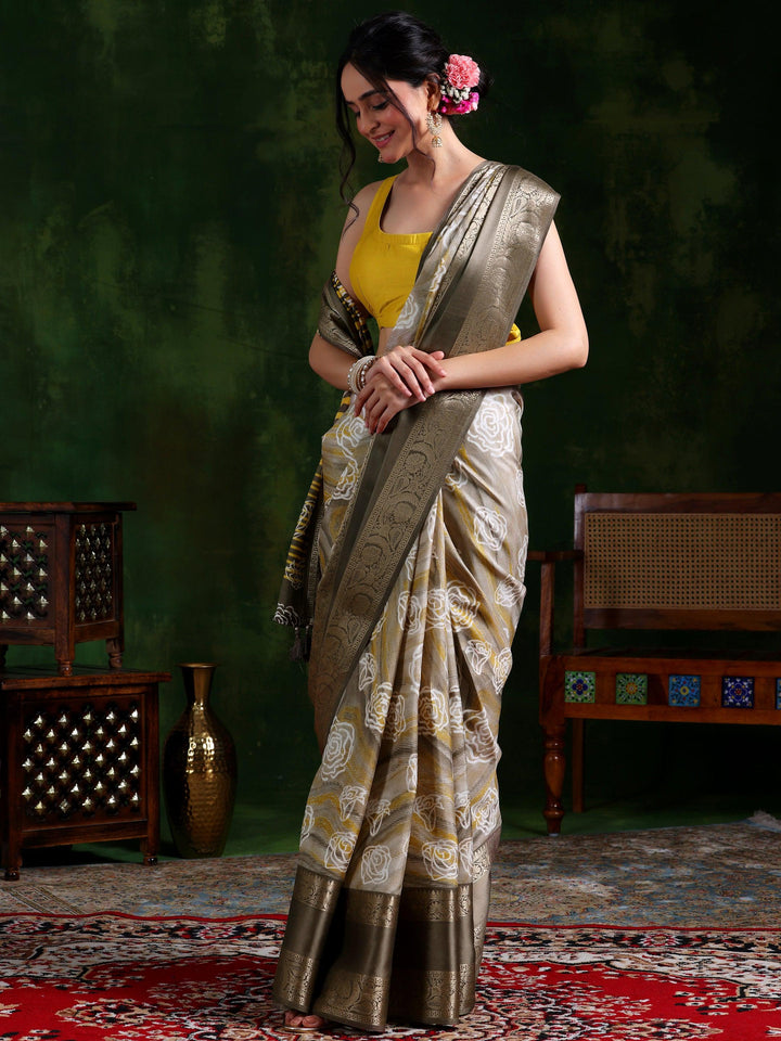 Taupe Printed Silk Blend Saree With Unstitched Blouse Piece - Libas