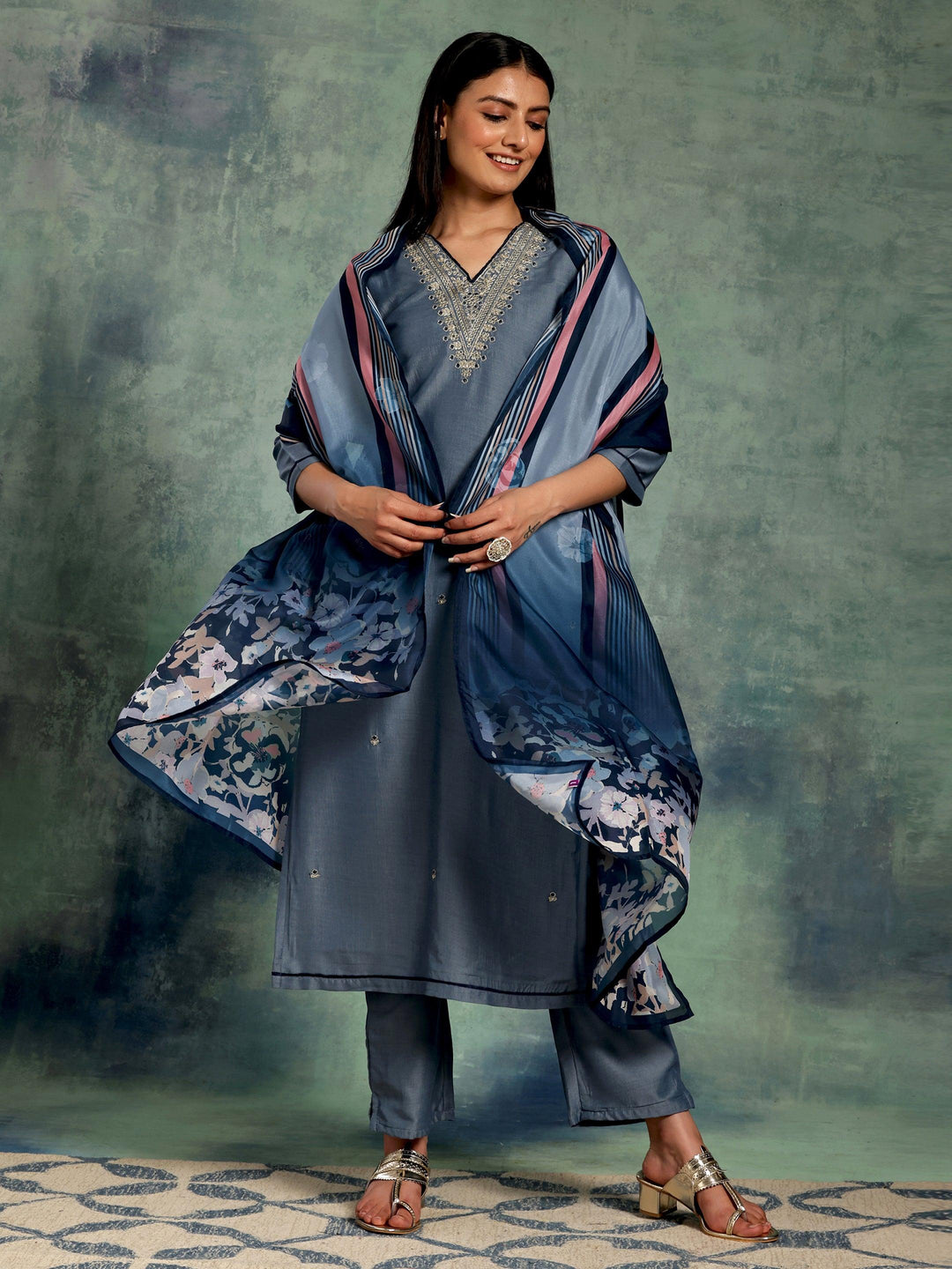 Blue Embroidered Silk Blend Straight Suit With Dupatta - Libas 