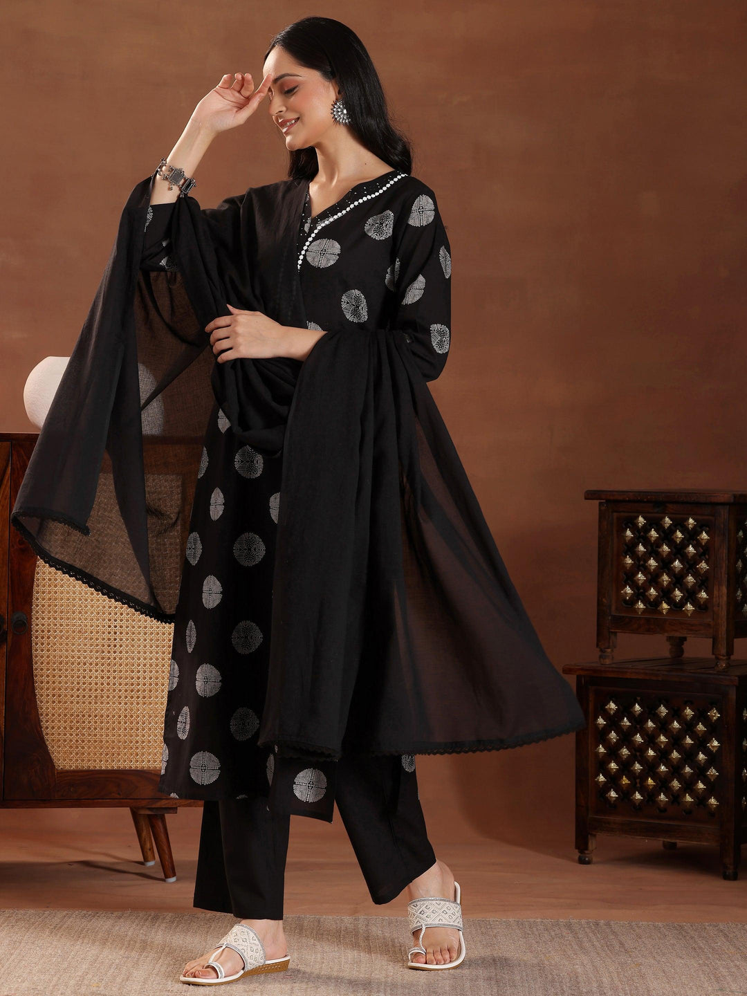 Black Printed Cotton Straight Suit With Dupatta - Libas